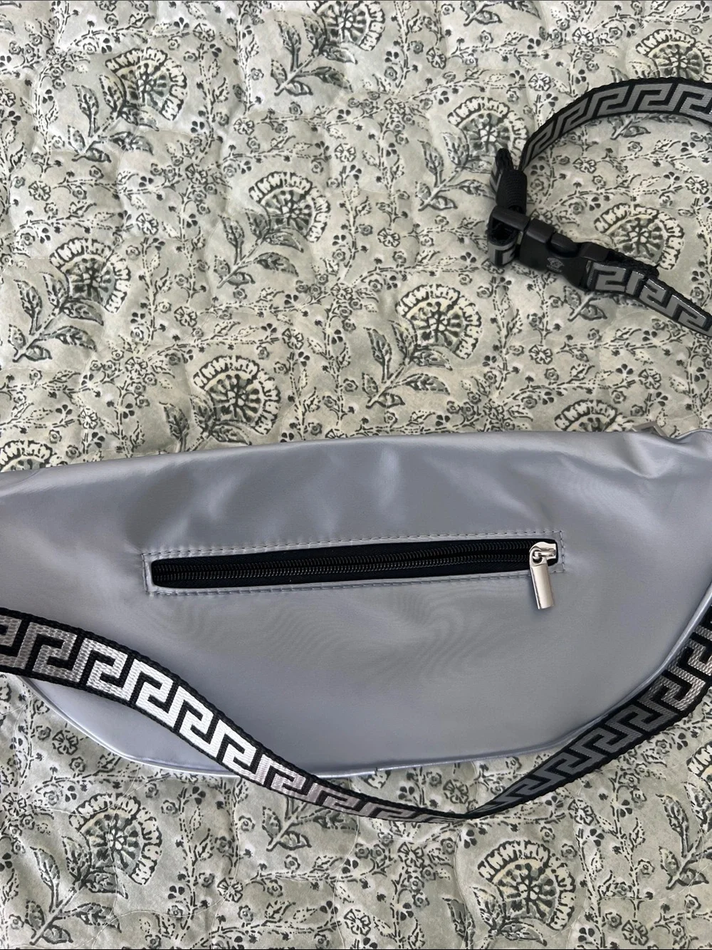 Versace Iridescent Silver Logo Belt Bag with Greek Key Strap